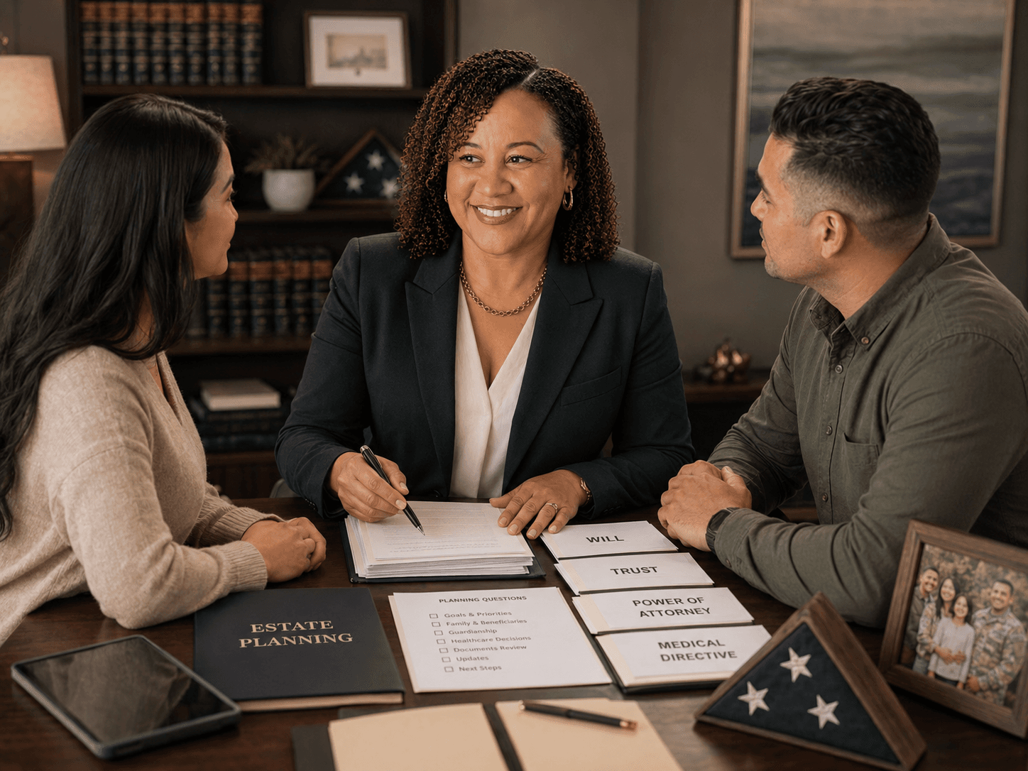 Smiling lawyer reviews estate planning documents like a will and trust with a couple.