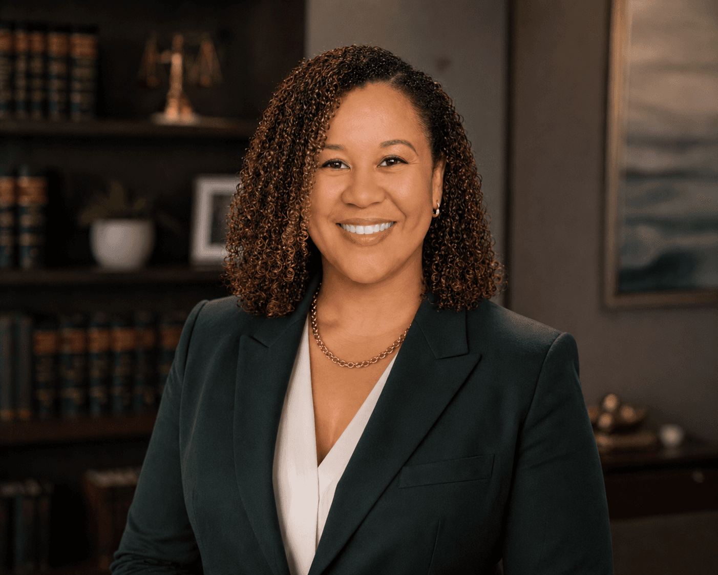 Smiling professional woman with curly hair wearing a green blazer in a law office setting.