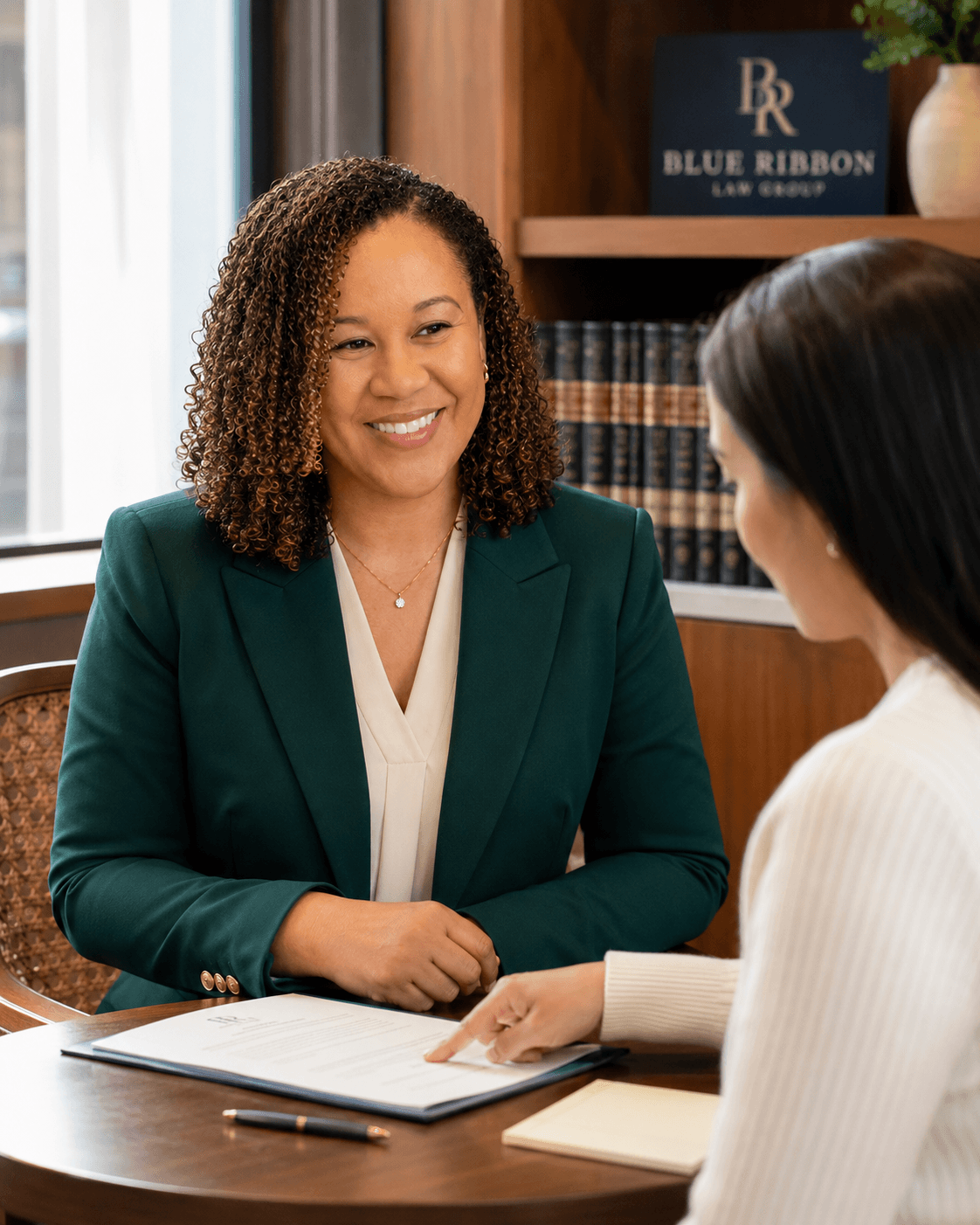 Smiling woman in a green blazer reviews a document with a client at a law firm.