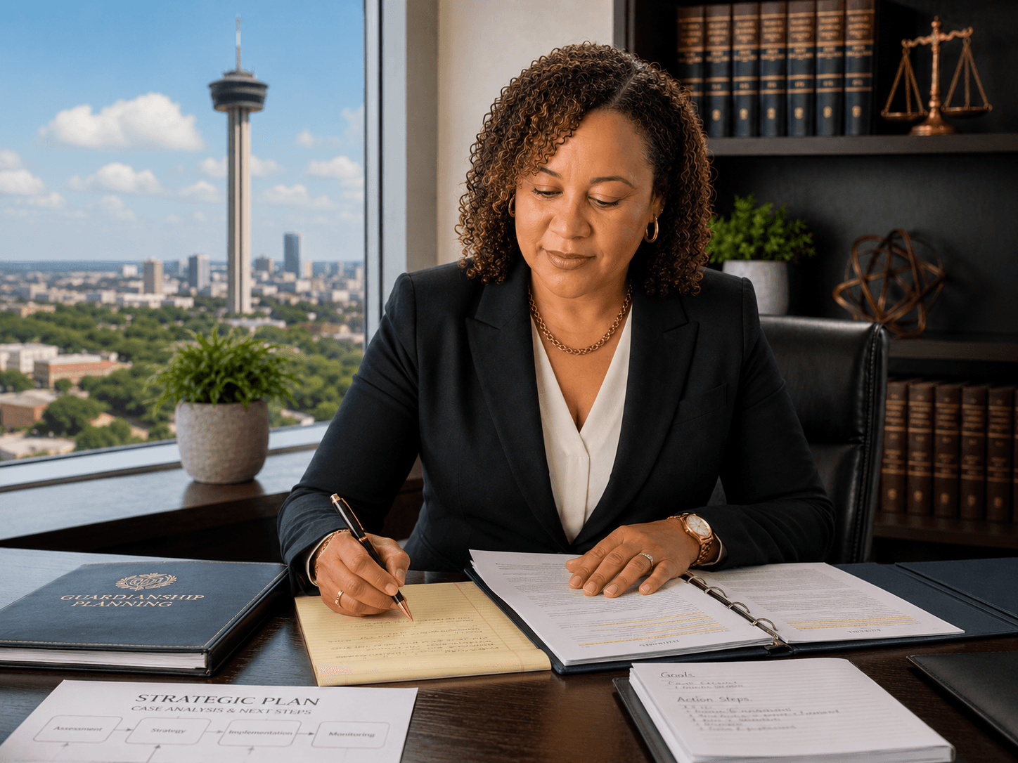 Professional woman writing at a desk with legal documents, overlooking the San Antonio city skyline.