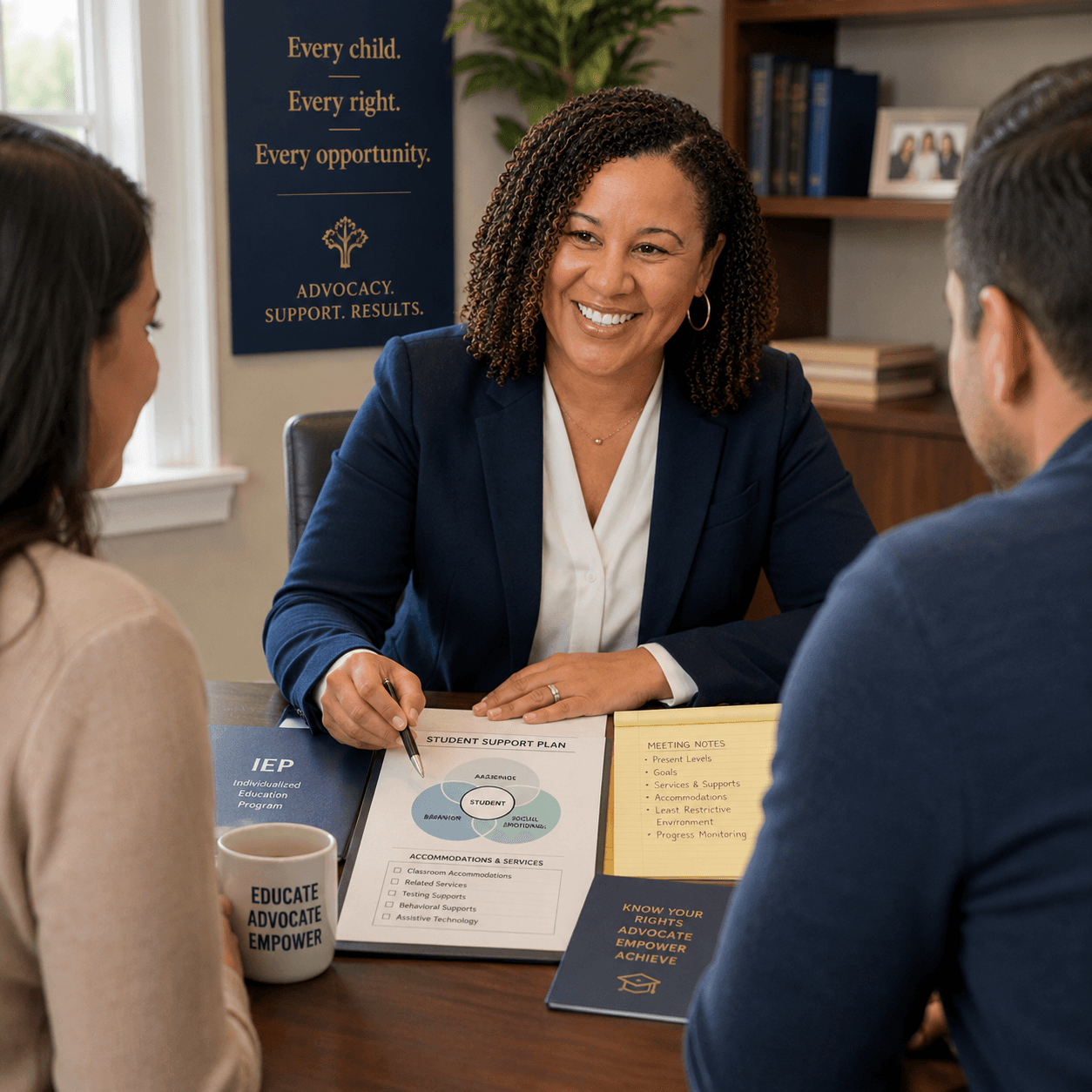 Smiling advocate reviews a student support plan with parents in a professional office setting.