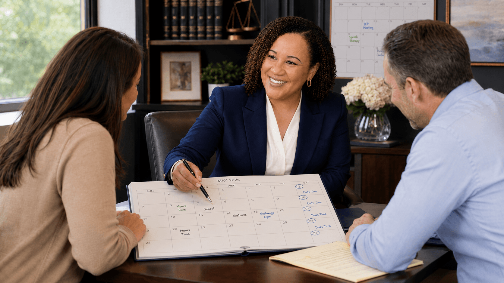Smiling professional woman points to a co-parenting calendar during a meeting with a couple.